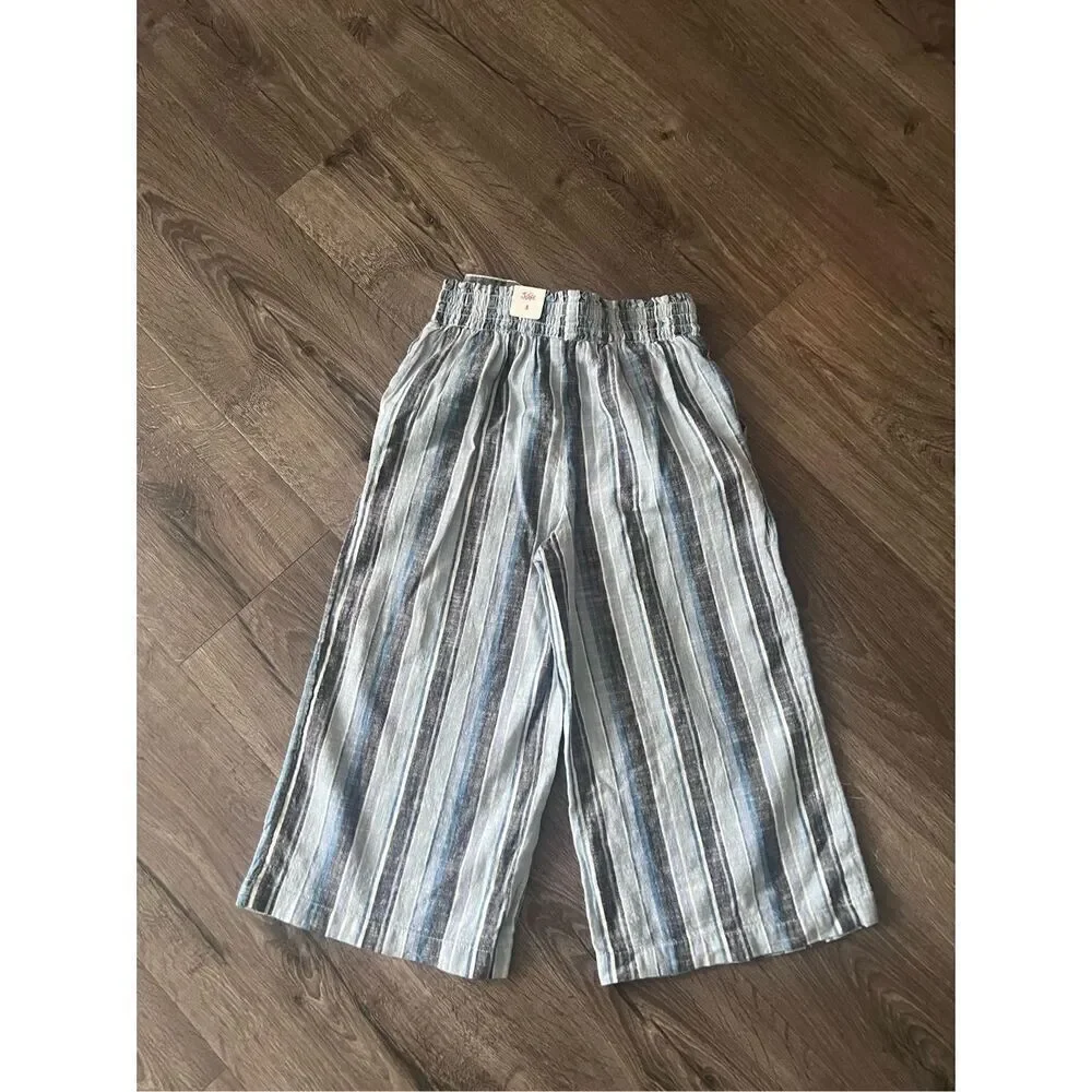 Justice Girl's Wide Leg Linen Belted Pants Blue White Gray Stripes Sz 8